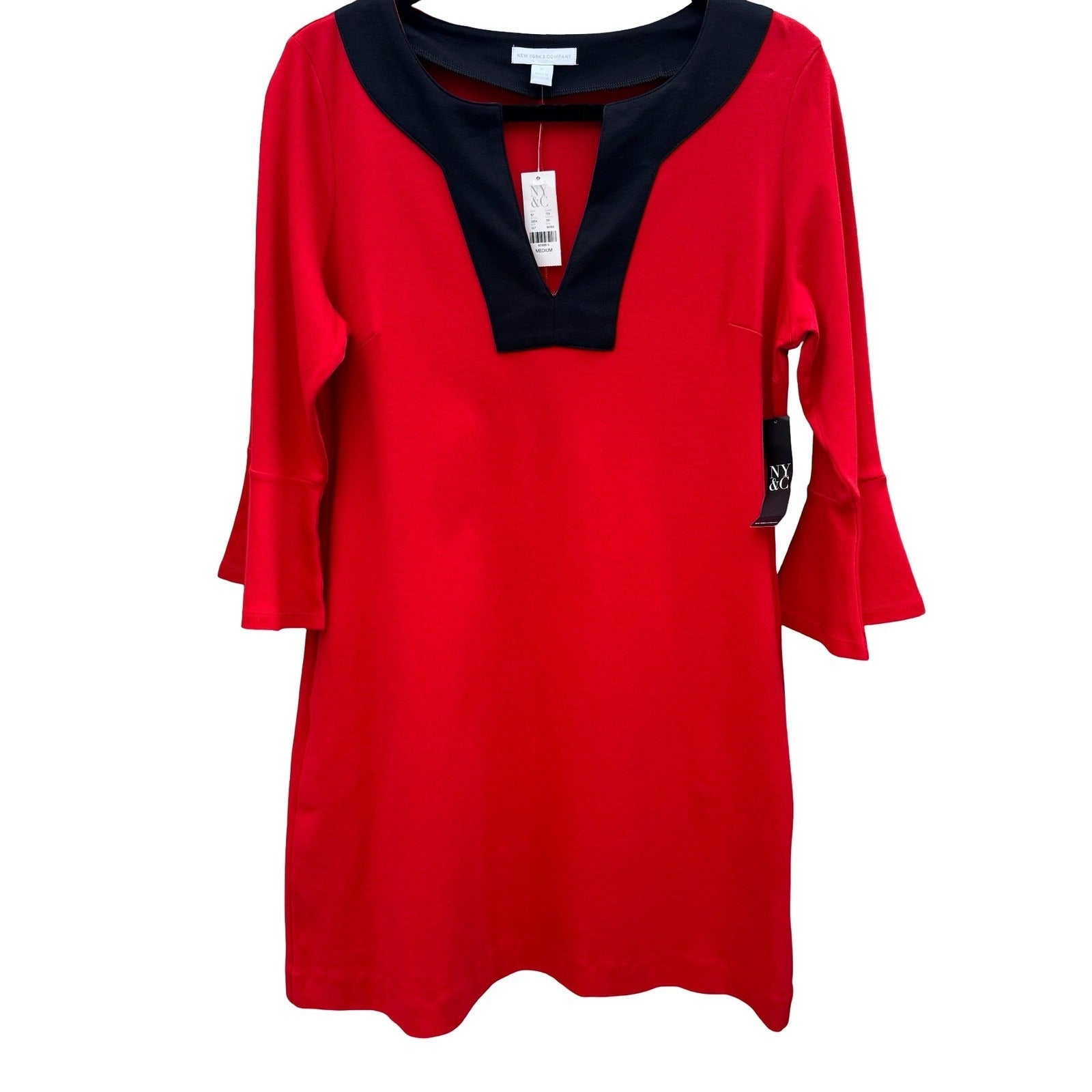 New York & Company Red Shift Dress Notched Neck Bell Sleeve Pockets Medium NEW