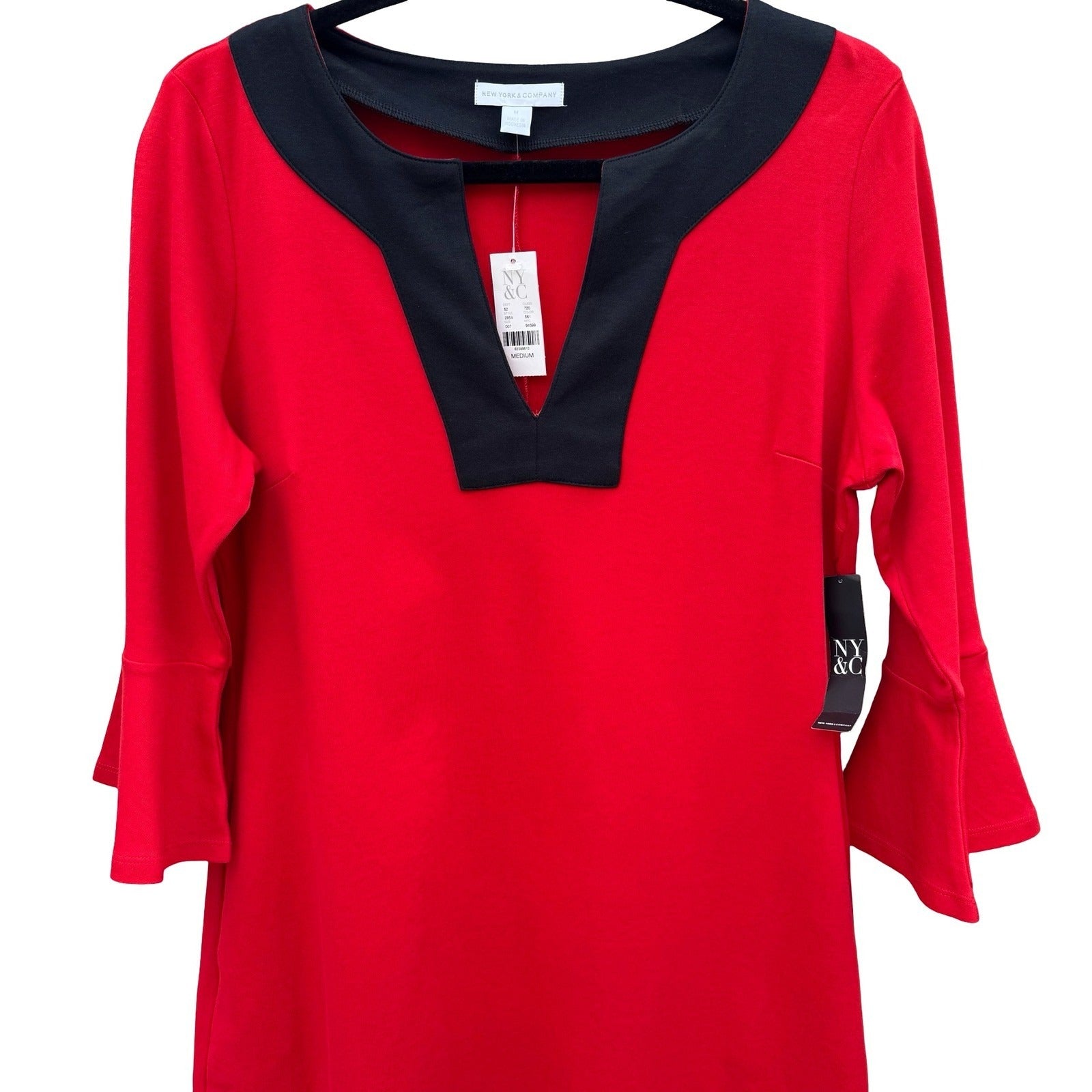 New York & Company Red Shift Dress Notched Neck Bell Sleeve Pockets Medium NEW