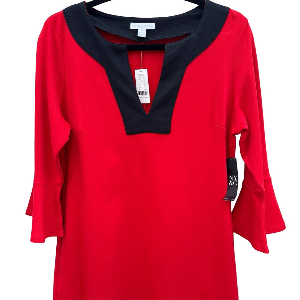 New York & Company Red Shift Dress Notched Neck Bell Sleeve Pockets Medium NEW