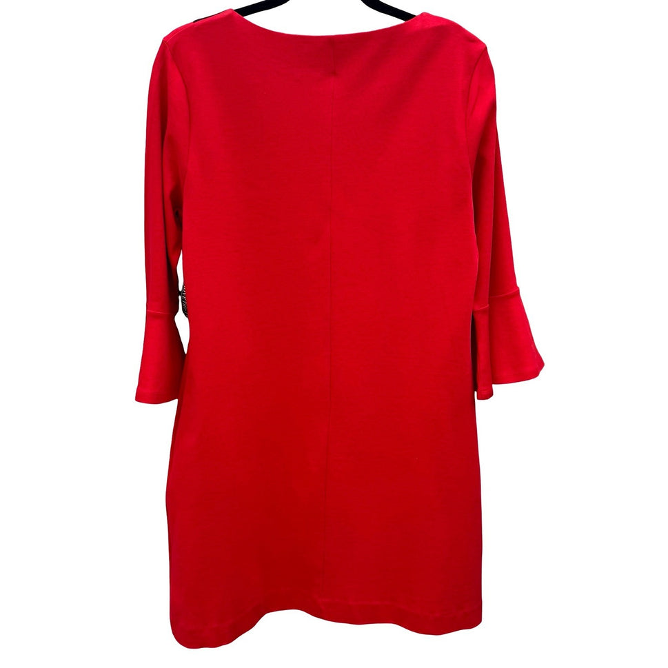 New York & Company Red Shift Dress Notched Neck Bell Sleeve Pockets Medium NEW