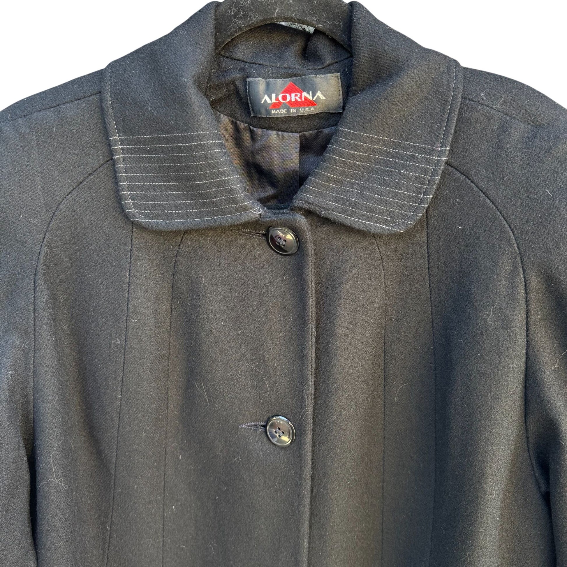 Alorna Vintage 80s 80s Womens Wool Stitched Black Coat Overcoat Minimalist Preppy