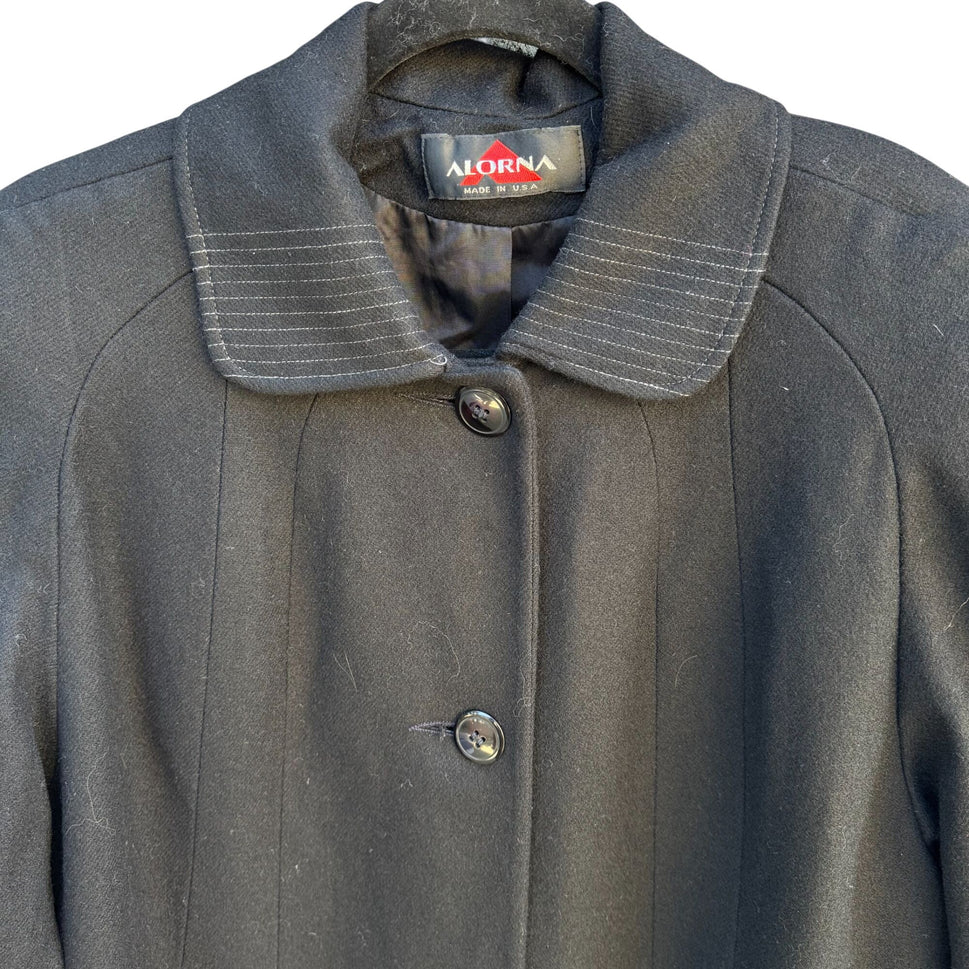 Alorna Vintage 80s 80s Womens Wool Stitched Black Coat Overcoat Minimalist Preppy