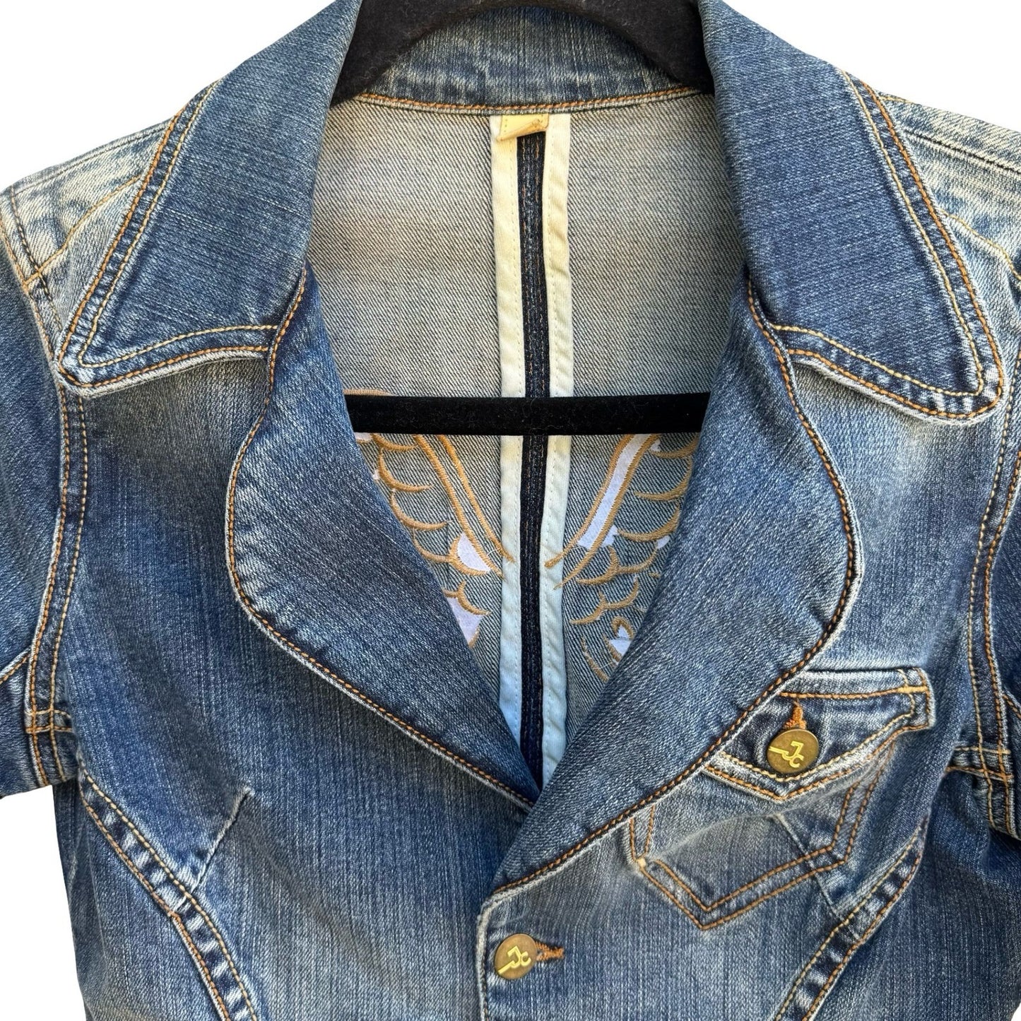 JC Denim Y2K Angel Wing Rocker Edgy Moto Indie Glam Embroidered Denim Jacket S