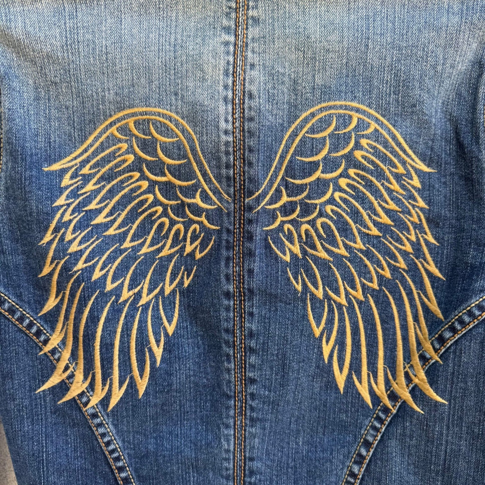 JC Denim Y2K Angel Wing Rocker Edgy Moto Indie Glam Embroidered Denim Jacket S