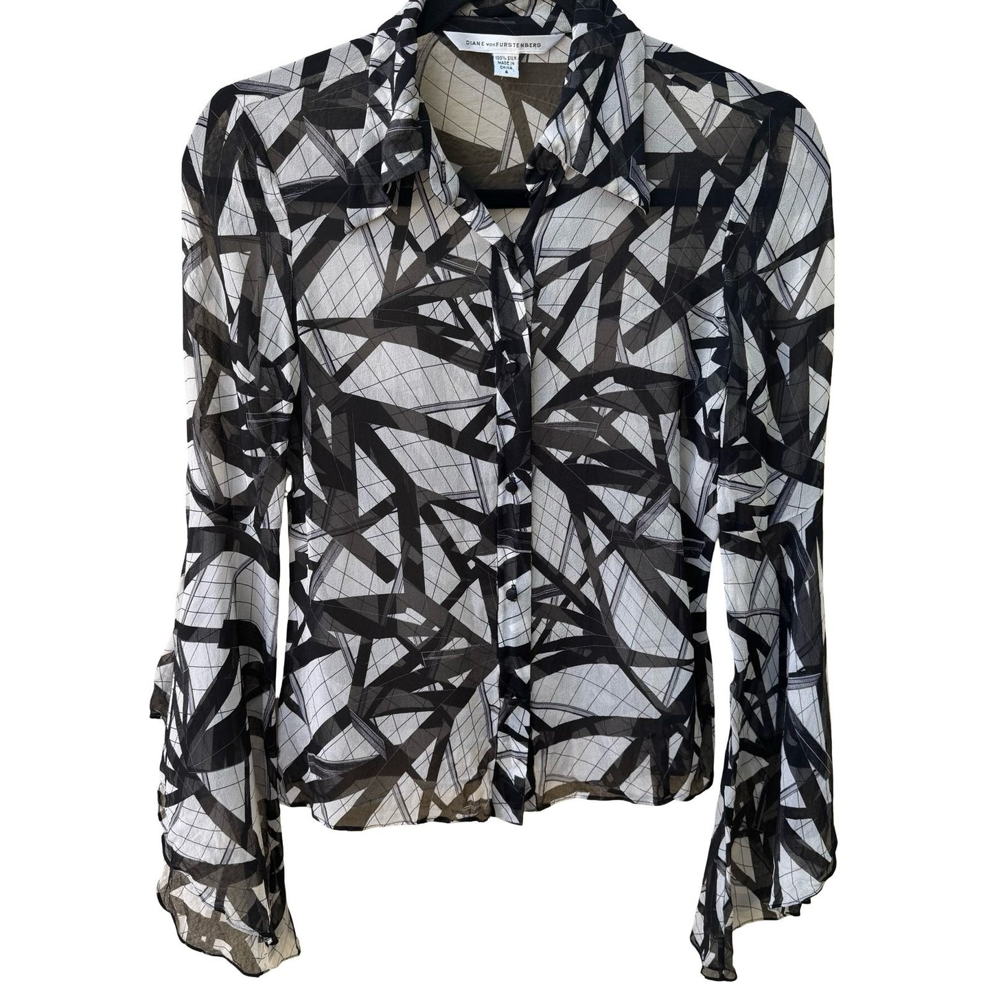 Diane von Furstenberg Y2K Silk Witchy Sheer Minimalist Bell Sleeve Blouse 4