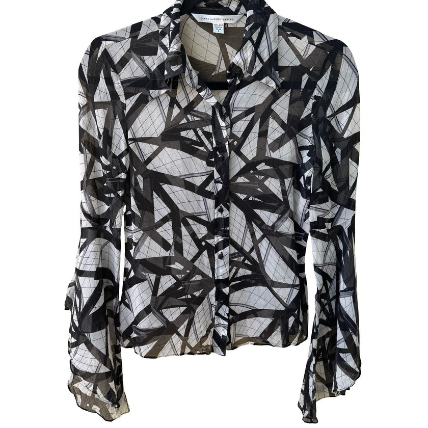 Diane von Furstenberg Y2K Silk Witchy Sheer Minimalist Bell Sleeve Blouse 4