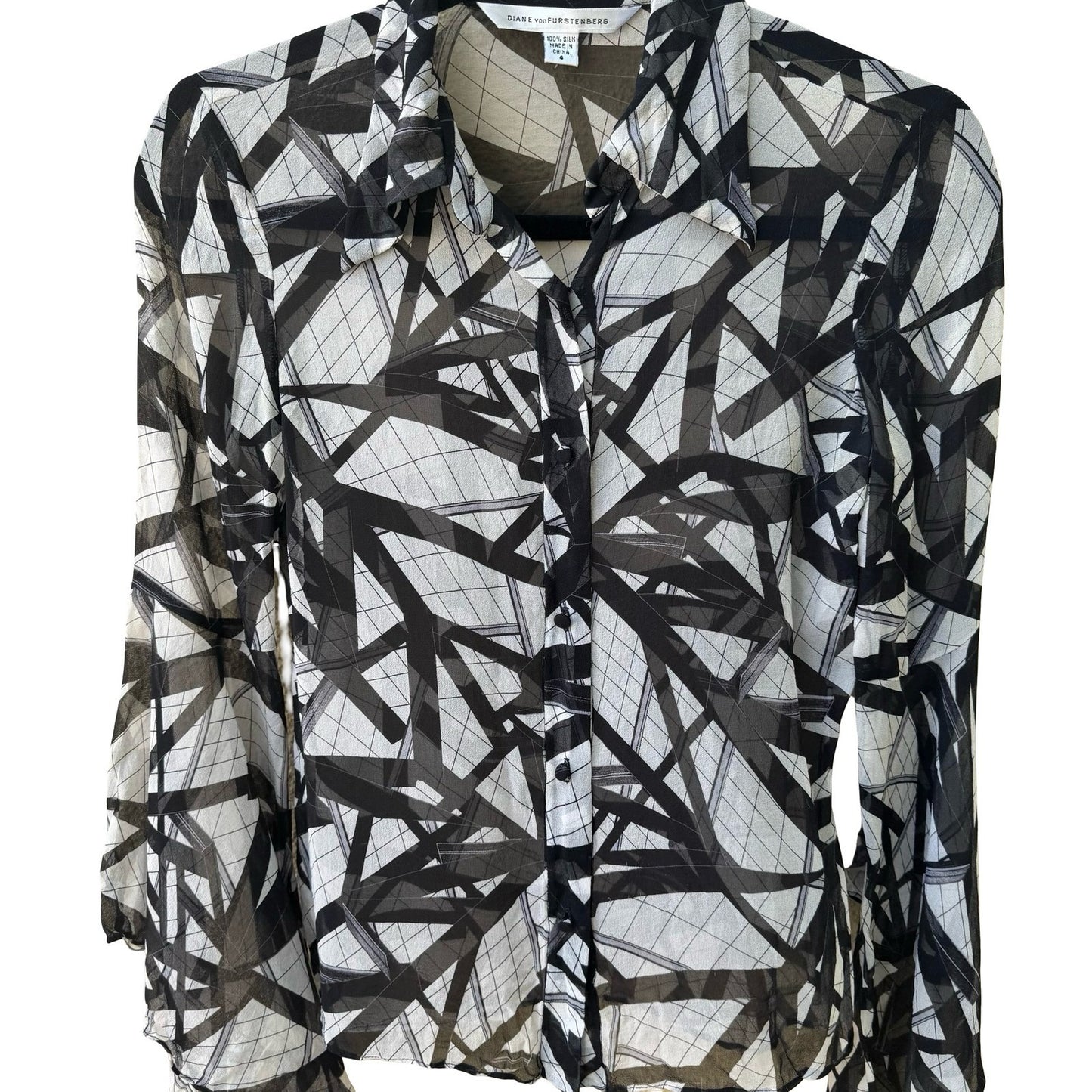Diane von Furstenberg Y2K Silk Witchy Sheer Minimalist Bell Sleeve Blouse 4