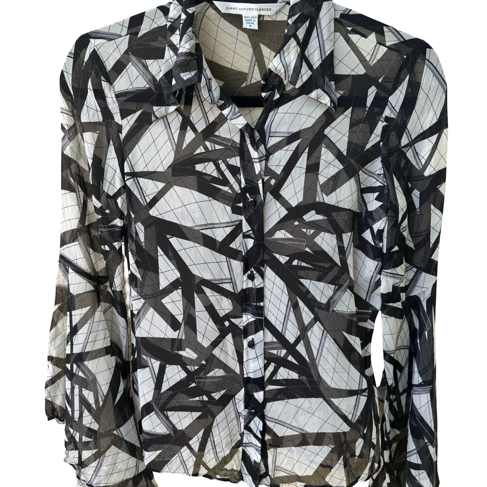 Diane von Furstenberg Y2K Silk Witchy Sheer Minimalist Bell Sleeve Blouse 4