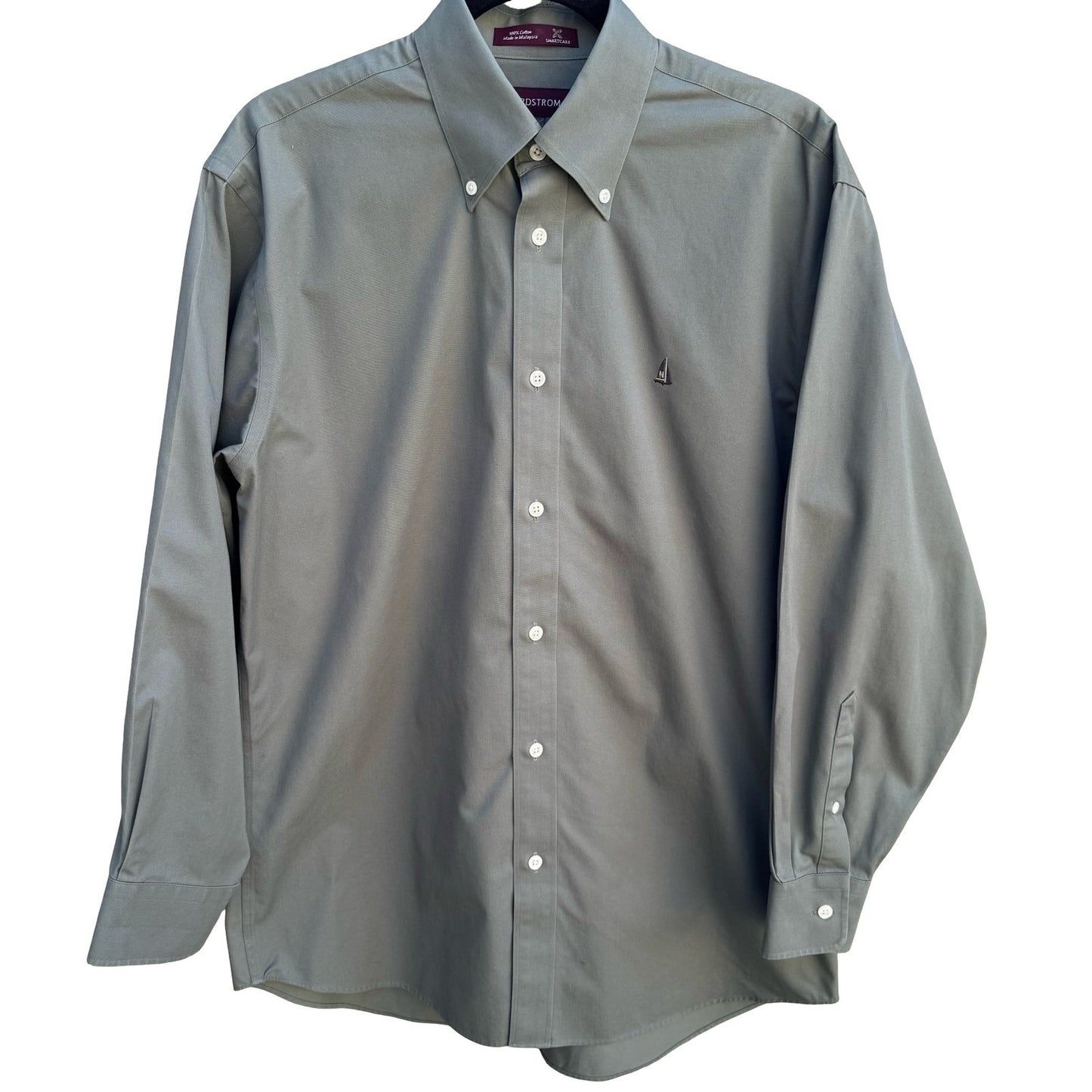 Nordstrom Smartcare Mens Long Sleeve Button Down Shirt Grey Cotton Sailboat Logo