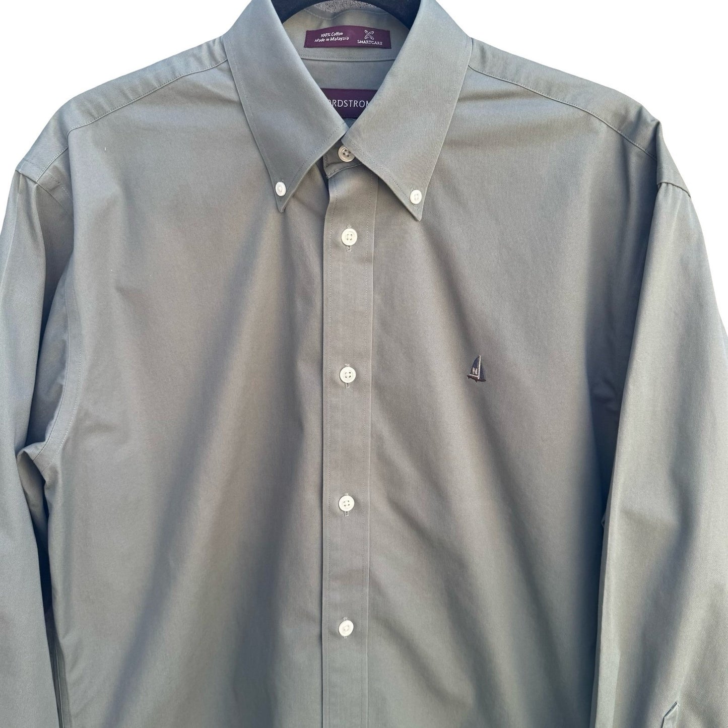 Nordstrom Smartcare Mens Long Sleeve Button Down Shirt Grey Cotton Sailboat Logo
