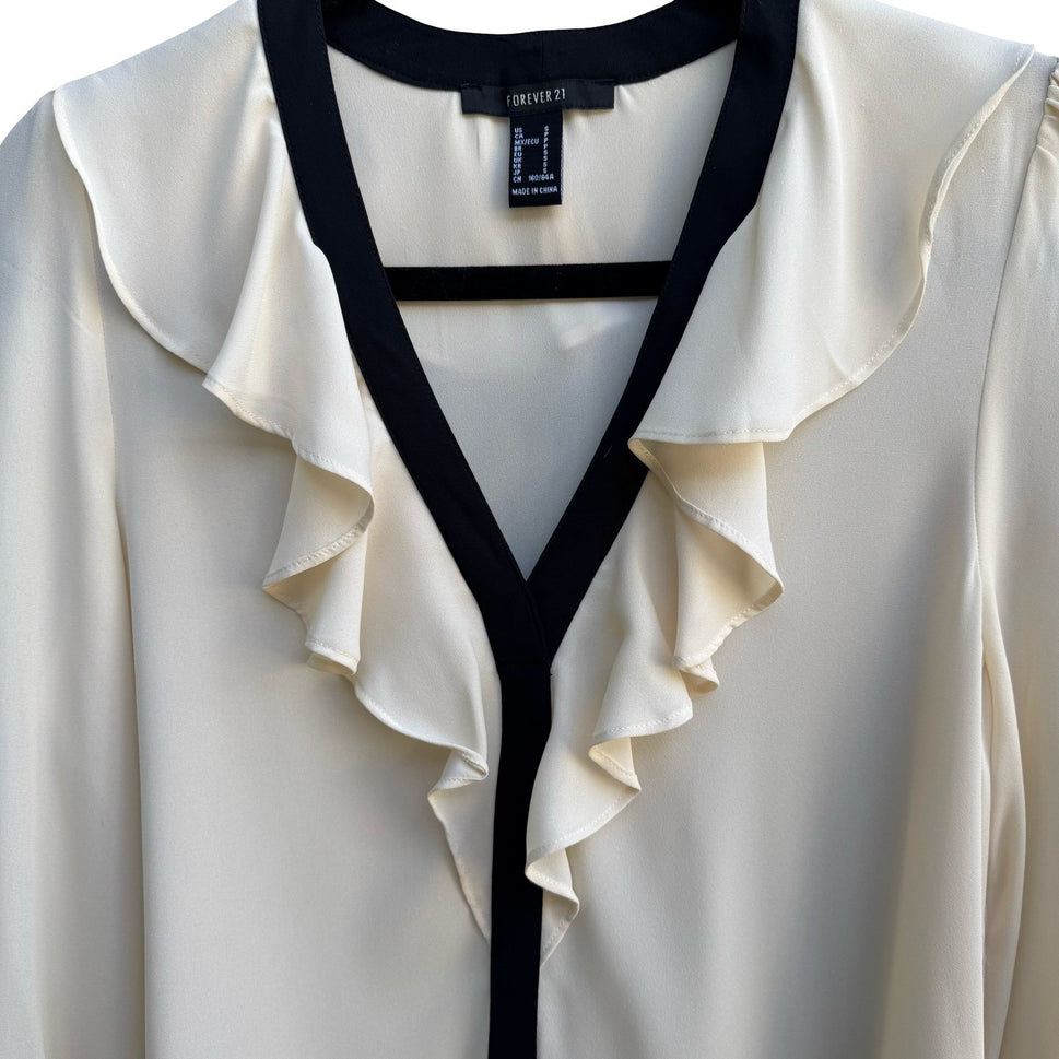 Forever 21 Coquette Romantic Parisian Ruffle V-Neck Contrast Trim Blouse Cream S