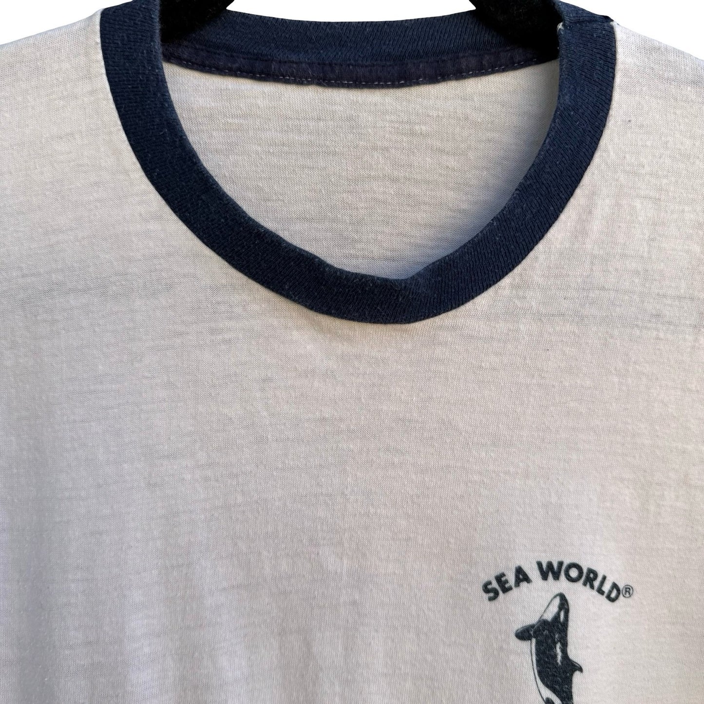 Sea World Ohio Vintage 80s Theme Park Orca Ringer T-Shirt White Single Stitch S