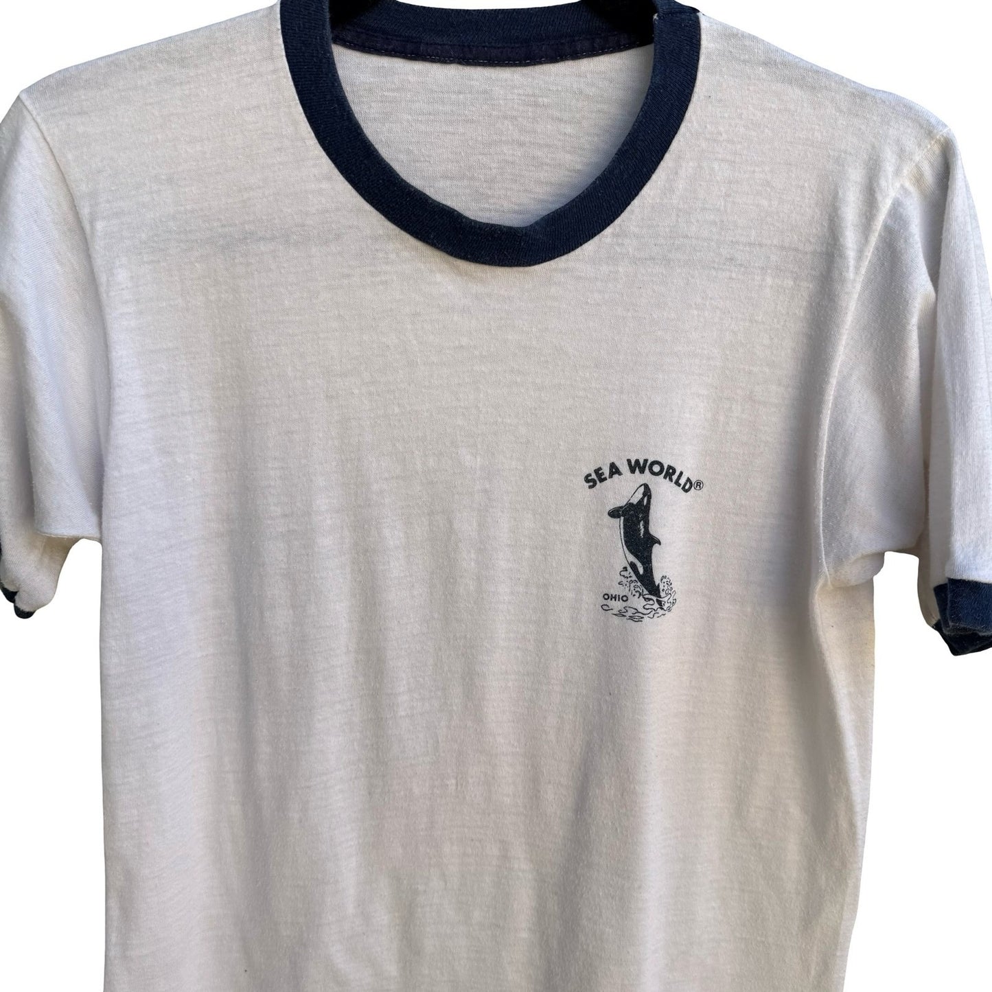 Sea World Ohio Vintage 80s Theme Park Orca Ringer T-Shirt White Single Stitch S