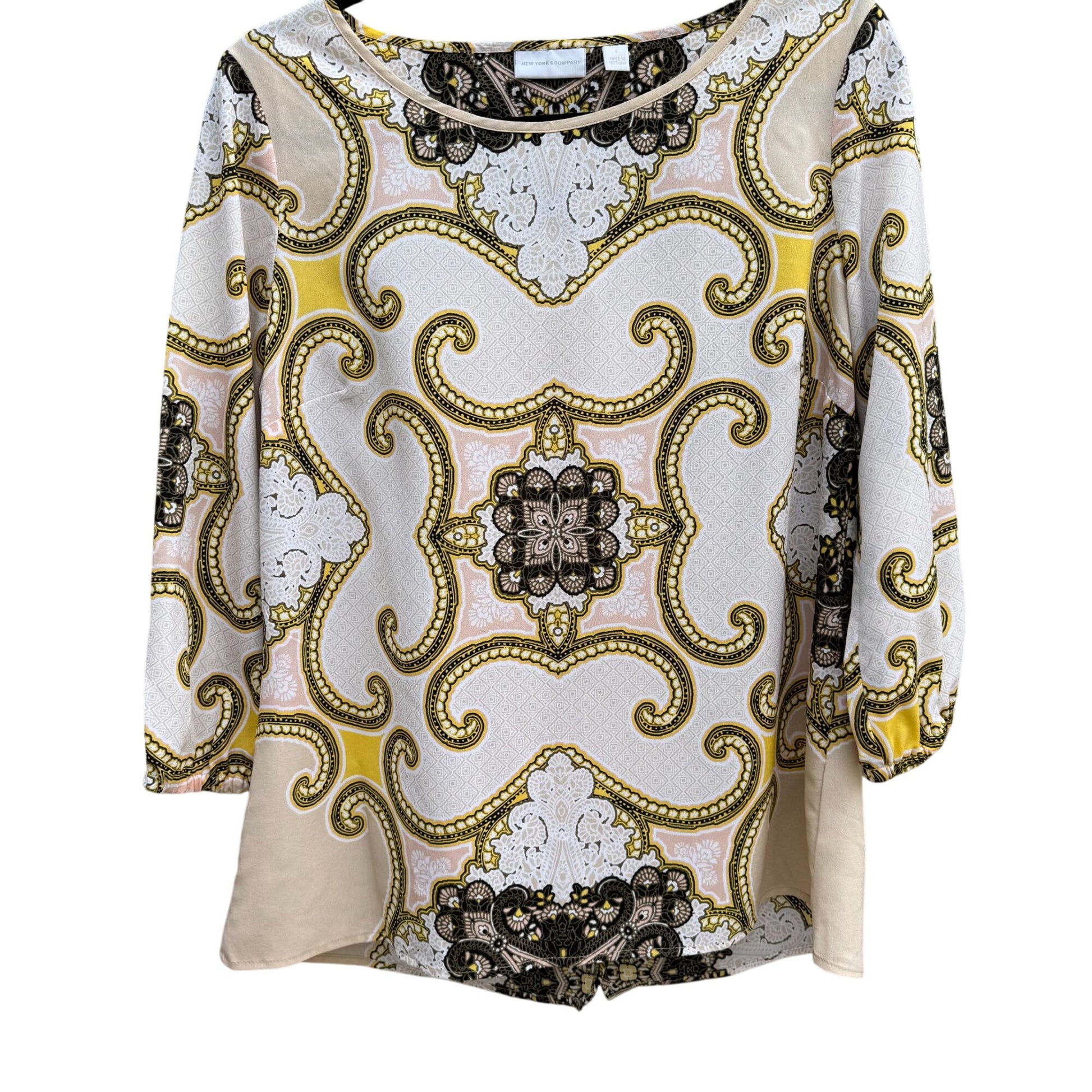 New York & Company Womens Paisley Pattern 3/4 Sleeves Split Back Blouse Top S