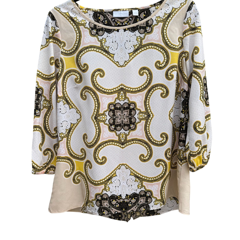 New York & Company Womens Paisley Pattern 3/4 Sleeves Split Back Blouse Top S