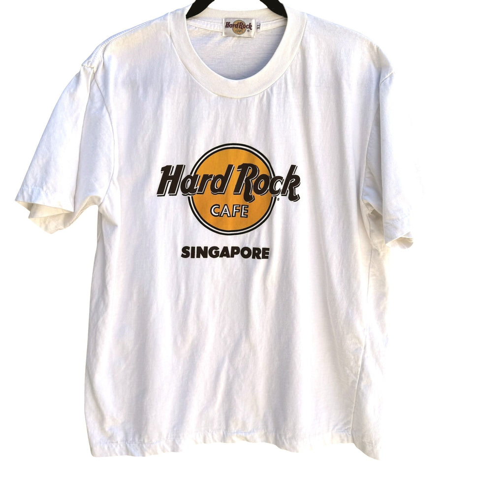 Hard Rock Cafe Singapore Vintage Mens White Graphic Print Single Stitch Shirt XL