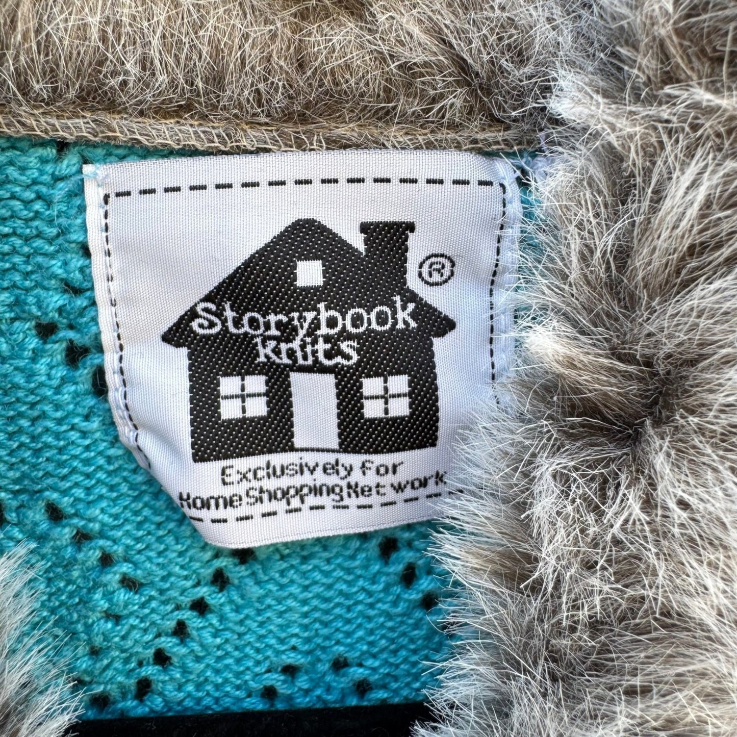 Storybook Knits Turquoise Blue Sequin Faux Fur Collar Pointelle Cardigan Sweater