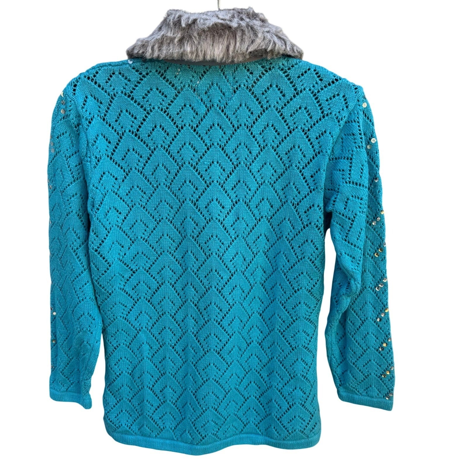 Storybook Knits Turquoise Blue Sequin Faux Fur Collar Pointelle Cardigan Sweater