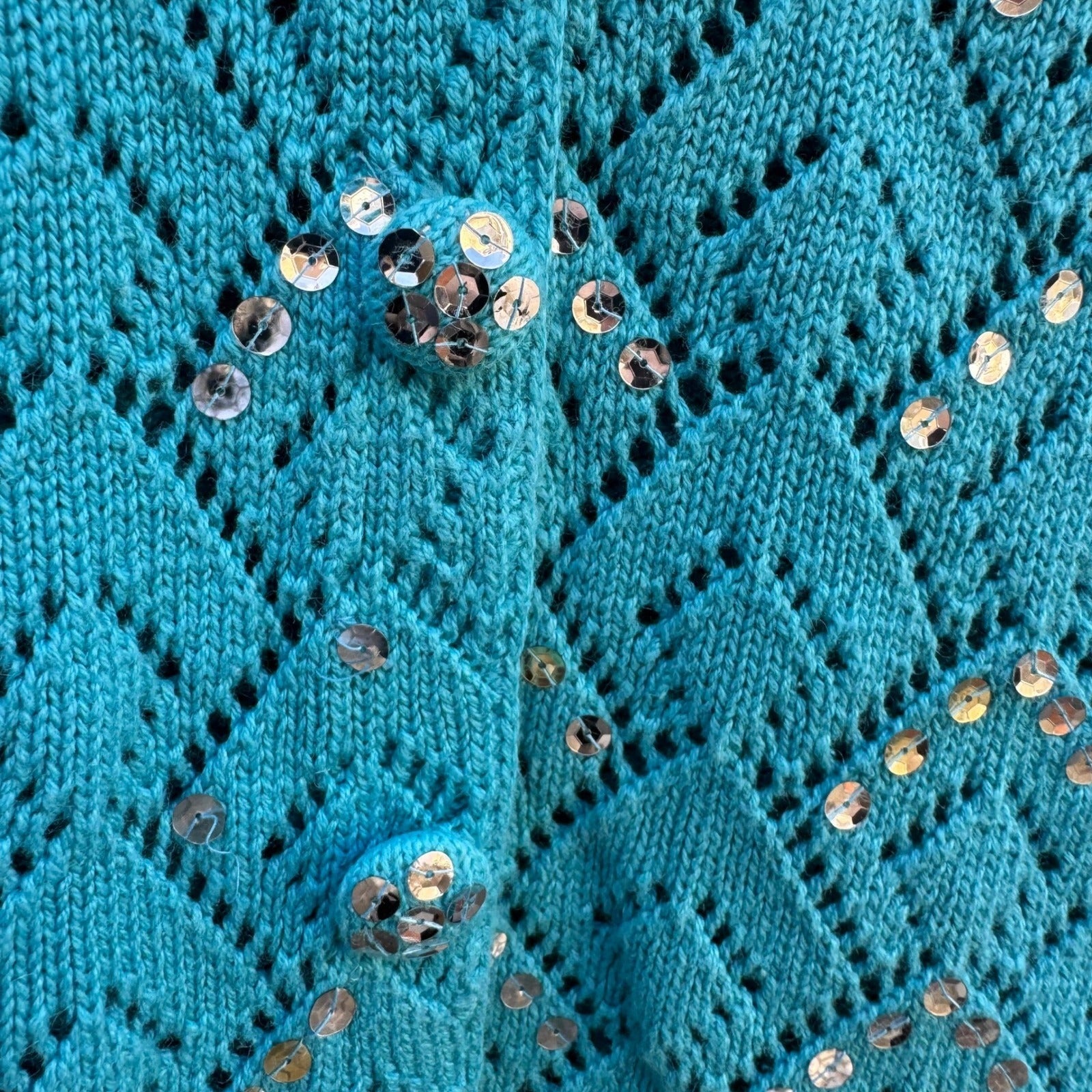 Storybook Knits Turquoise Blue Sequin Faux Fur Collar Pointelle Cardigan Sweater