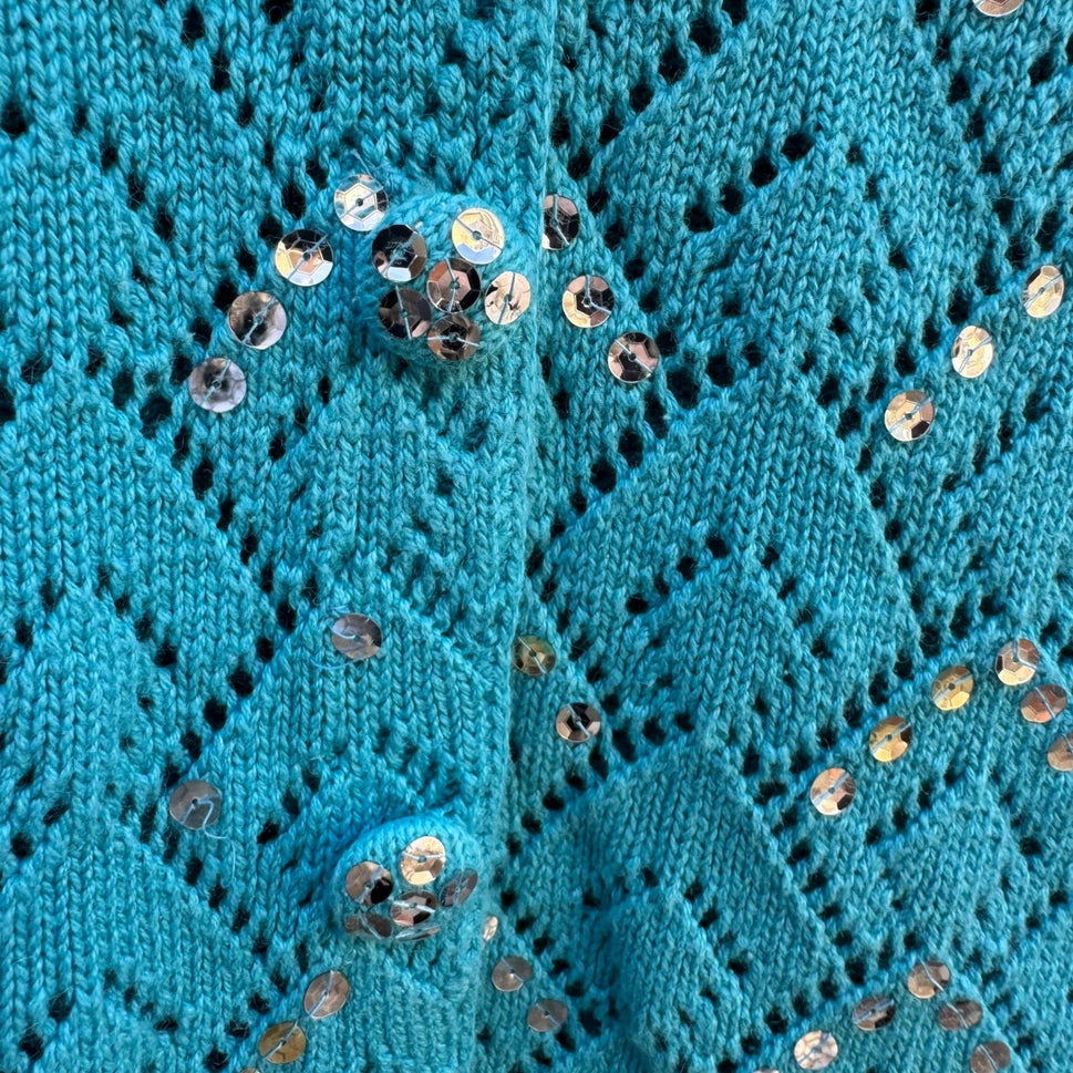 Storybook Knits Turquoise Blue Sequin Faux Fur Collar Pointelle Cardigan Sweater