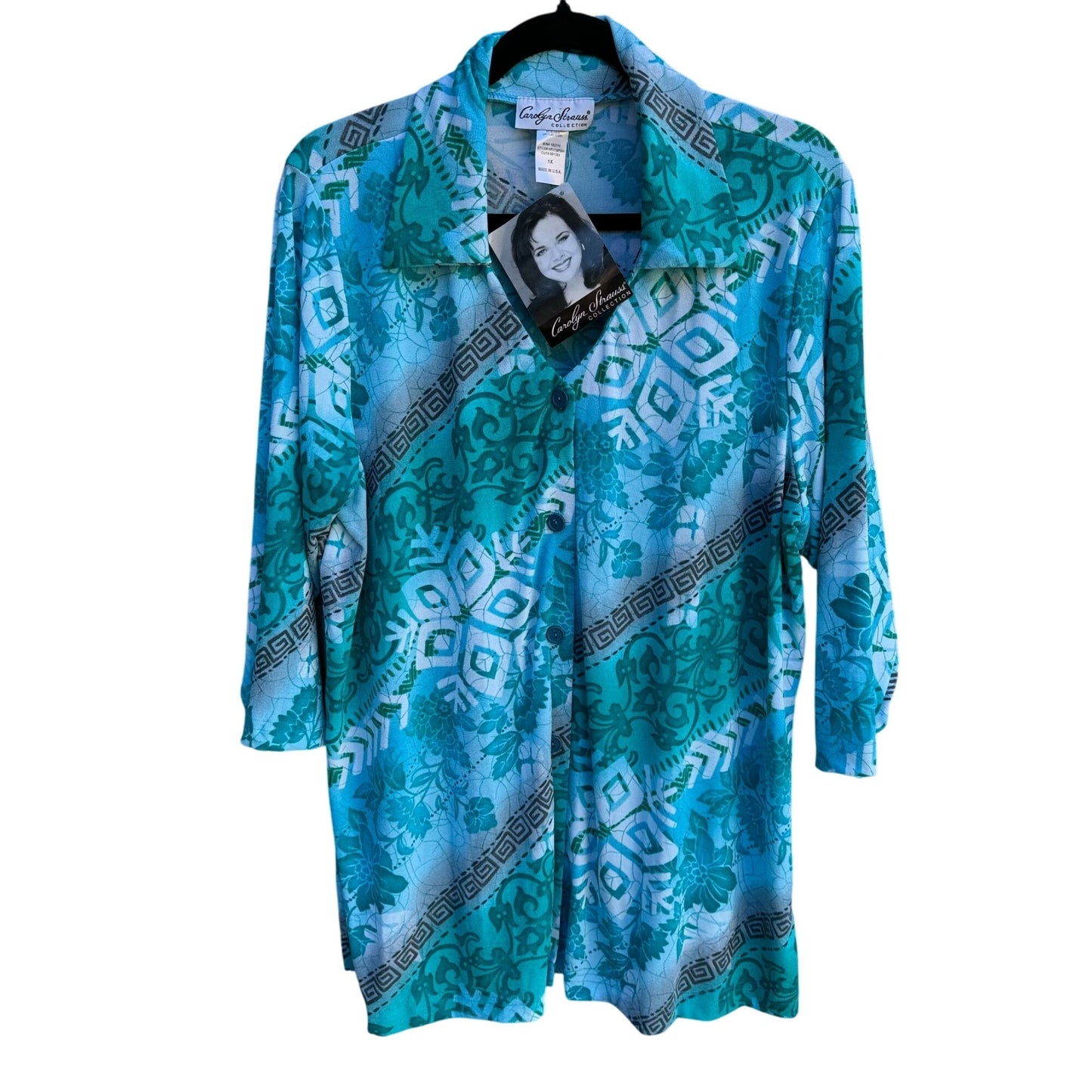 Carolyn Strauss Collection Womens Blue Green Geometric Pattern Button-Up Shirt 1X