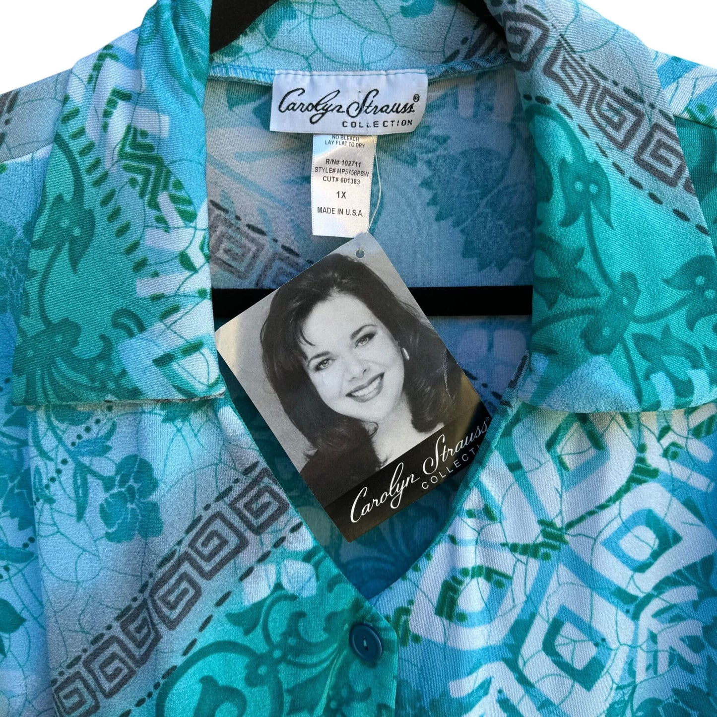 Carolyn Strauss Collection Womens Blue Green Geometric Pattern Button-Up Shirt 1X