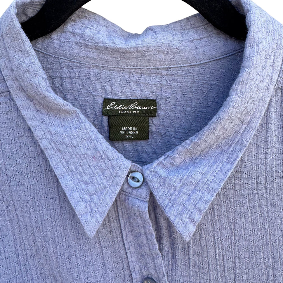 Eddie Bauer Womens Textured Linen Blue Button-Down Roll Tab Sleeve Shirt XXL