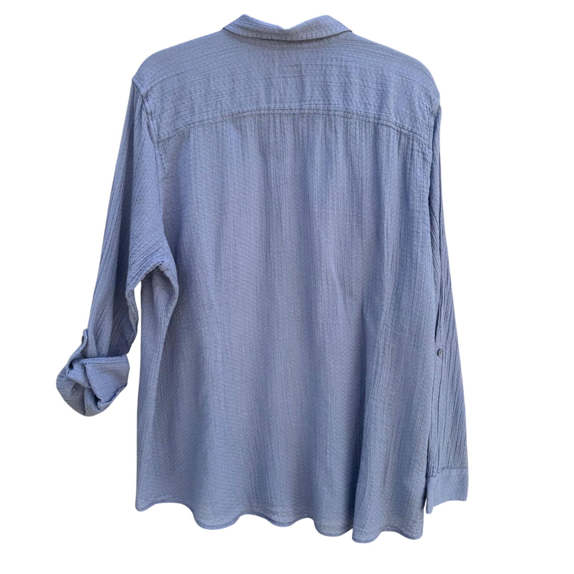 Eddie Bauer Womens Textured Linen Blue Button-Down Roll Tab Sleeve Shirt XXL