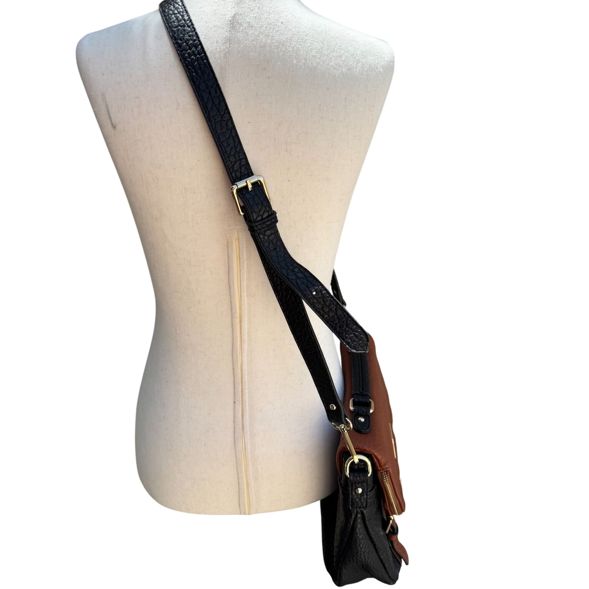 Sharif Black Brown Textured Leather Crossbody Shoulder Bag Wristlet Handbag New