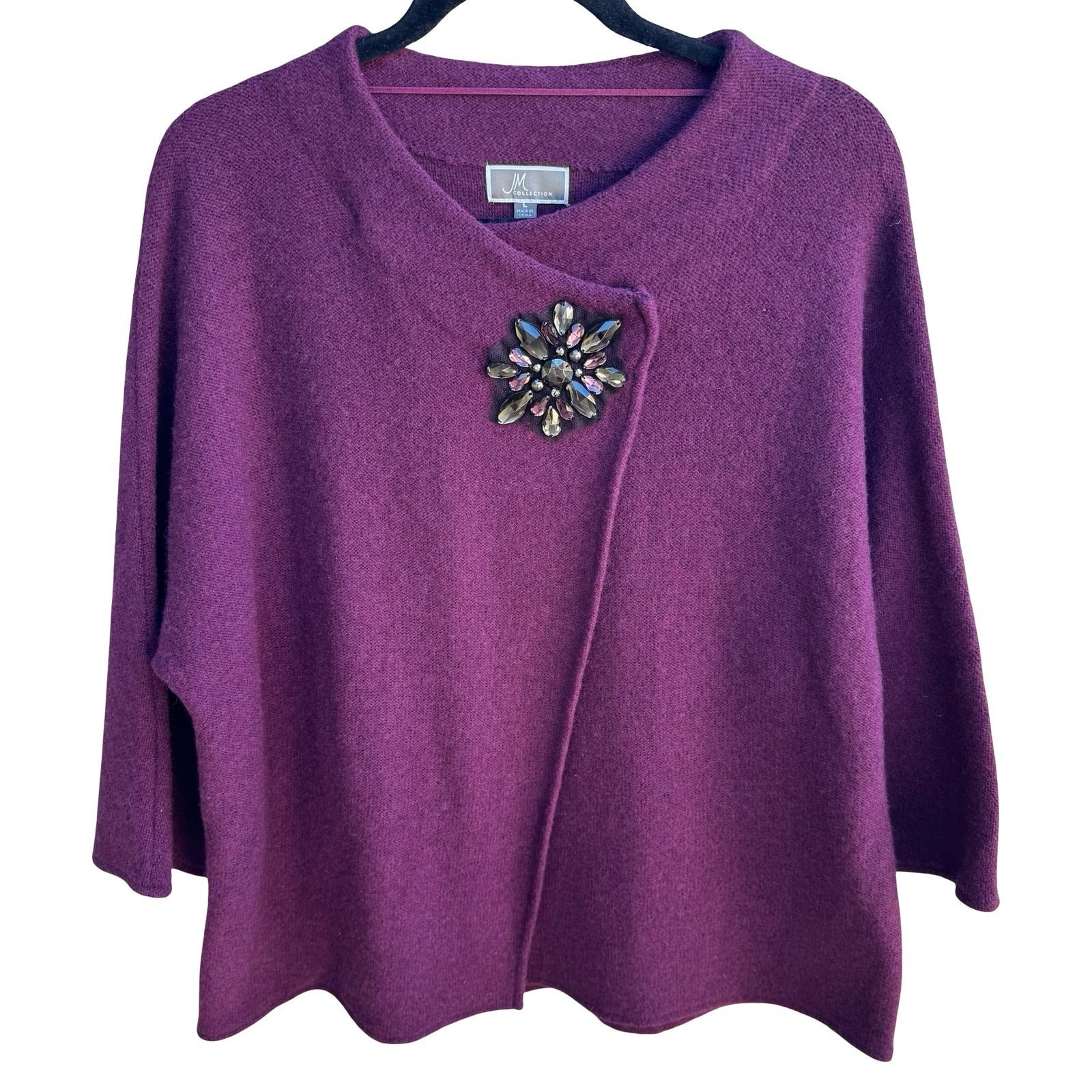 JM Collection Old Money Wool Asymmetrical Jeweled Brooch Statement Sweater L NEW