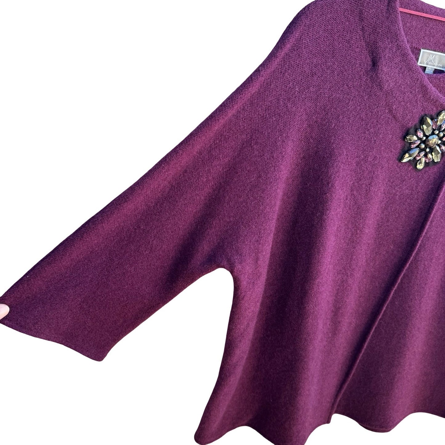 JM Collection Old Money Wool Asymmetrical Jeweled Brooch Statement Sweater L NEW