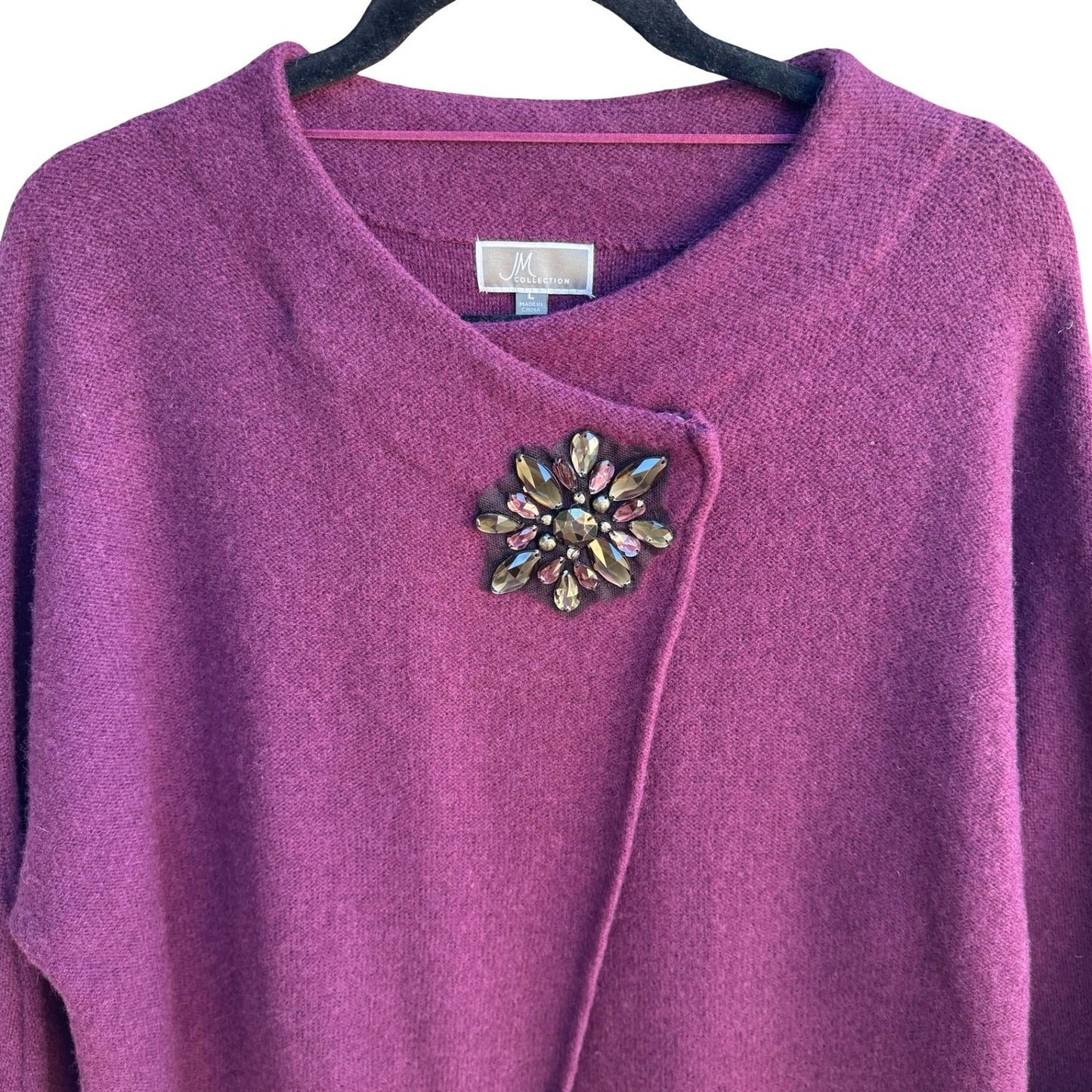 JM Collection Old Money Wool Asymmetrical Jeweled Brooch Statement Sweater L NEW