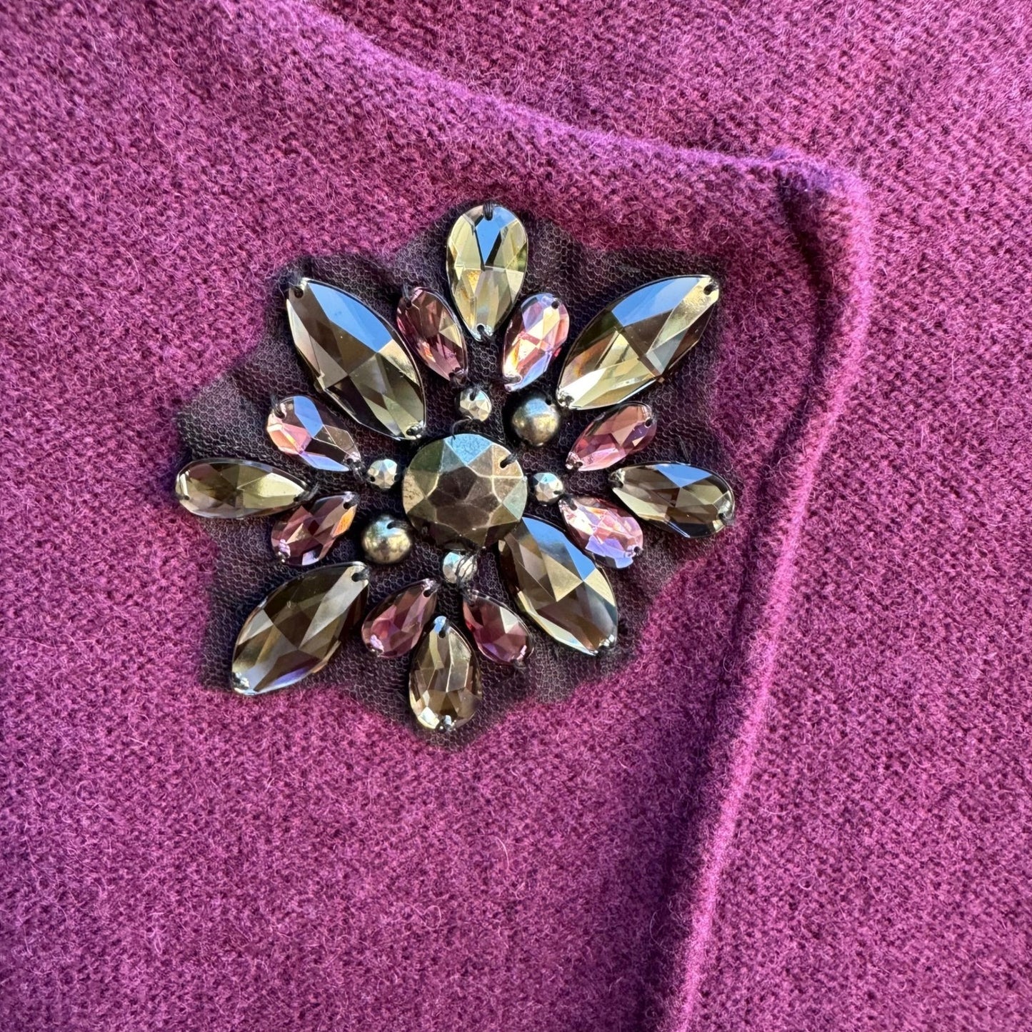 JM Collection Old Money Wool Asymmetrical Jeweled Brooch Statement Sweater L NEW