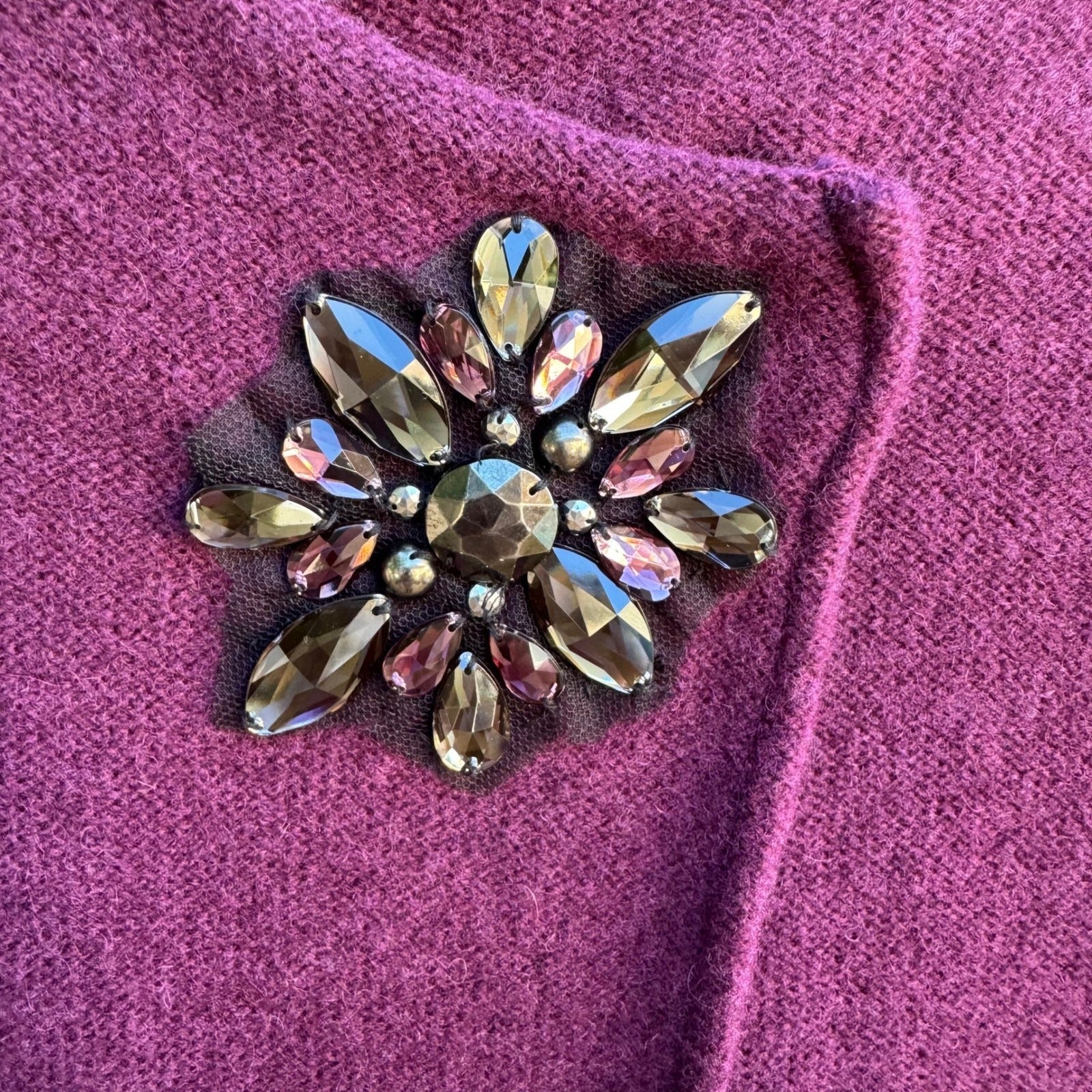 JM Collection Old Money Wool Asymmetrical Jeweled Brooch Statement Sweater L NEW