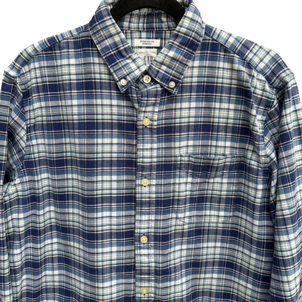 Gap Mens Y2K Grunge Indie Outdoor Plaid Blue White Flannel Button Up Shirt Med