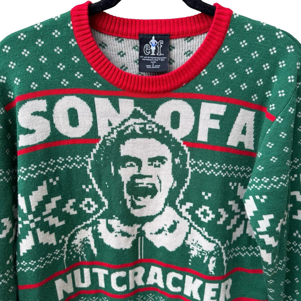 Elf Son of a Nutcracker Buddy Festive Holiday Movie Graphic Sweater Green Mens S