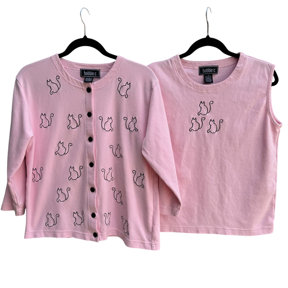 Bobbie C Womens Pink Embroidered Cat Paw Print Cotton Cardigan & Tank Set New M