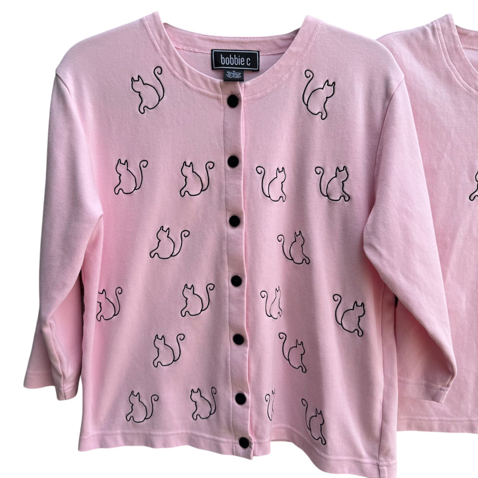 Bobbie C Womens Pink Embroidered Cat Paw Print Cotton Cardigan & Tank Set New M