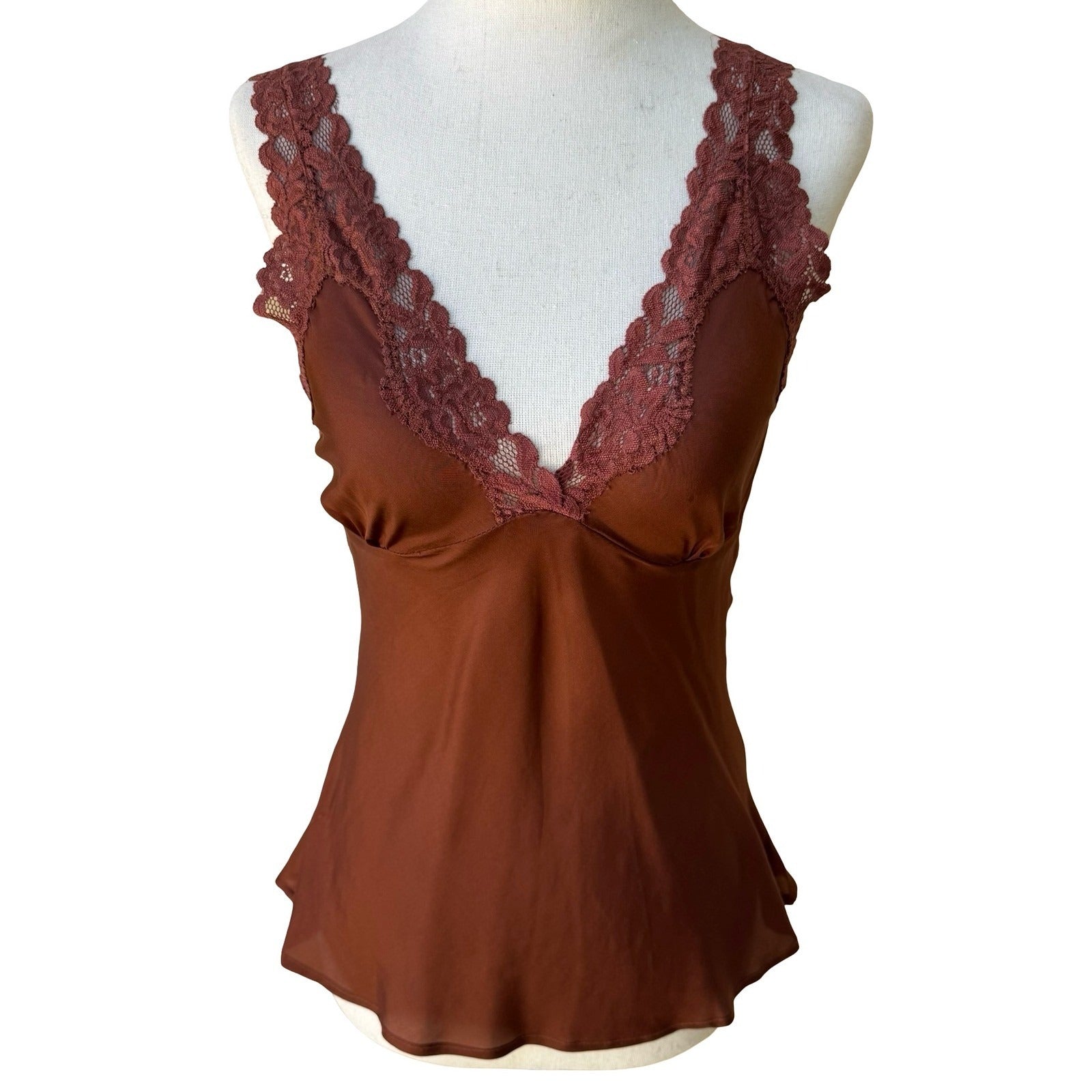 Twenty One Y2K Coquette Fairycore 100% Silk Lace Trim Tie Camisole Top Brown S