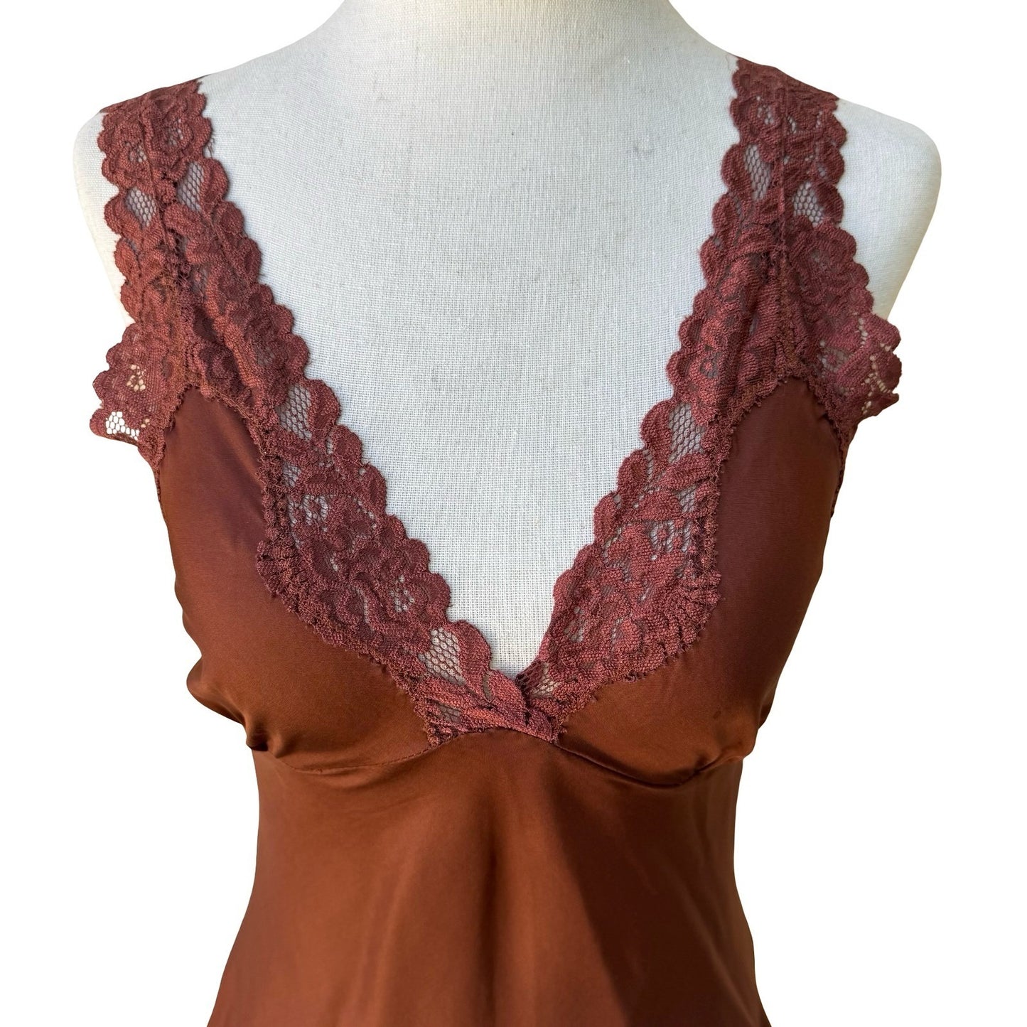 Twenty One Y2K Coquette Fairycore 100% Silk Lace Trim Tie Camisole Top Brown S