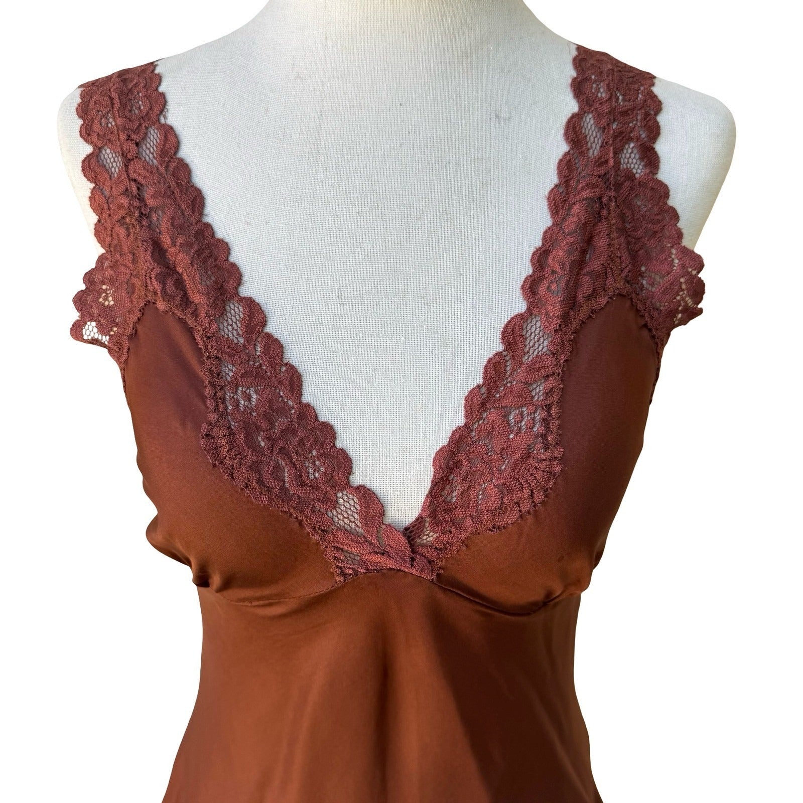 Twenty One Y2K Coquette Fairycore 100% Silk Lace Trim Tie Camisole Top Brown S