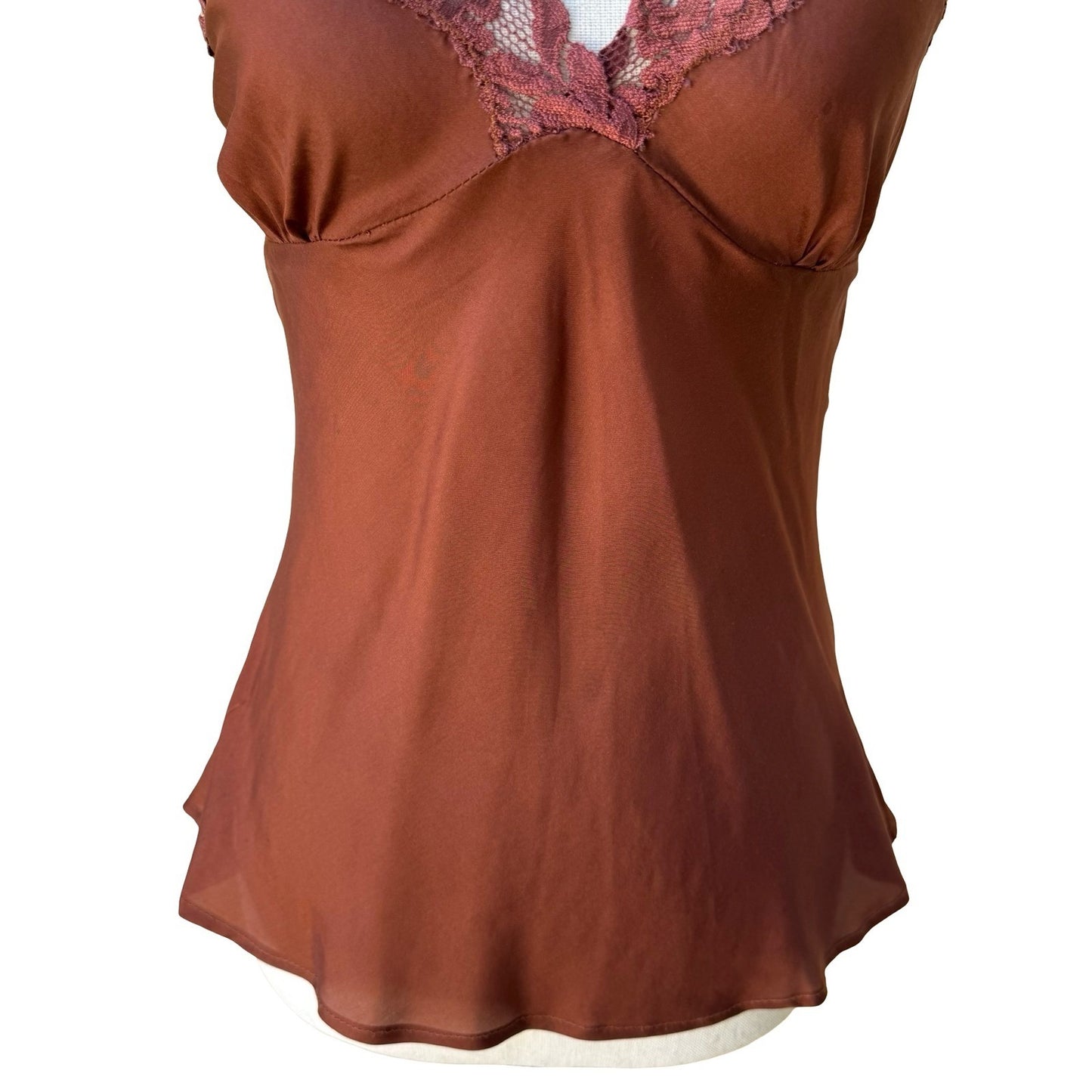Twenty One Y2K Coquette Fairycore 100% Silk Lace Trim Tie Camisole Top Brown S