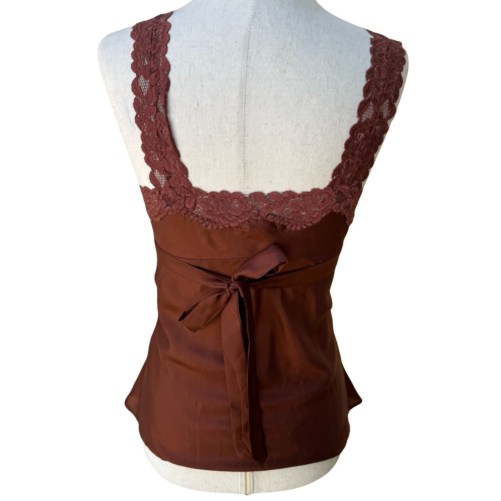 Twenty One Y2K Coquette Fairycore 100% Silk Lace Trim Tie Camisole Top Brown S