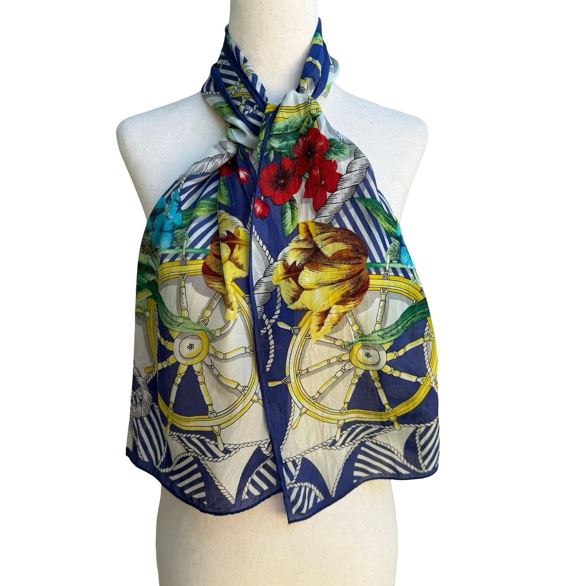 Worthington Silk Hand Stitch Nautical Floral Scarf Coastal Sheer Rectangle Scarf