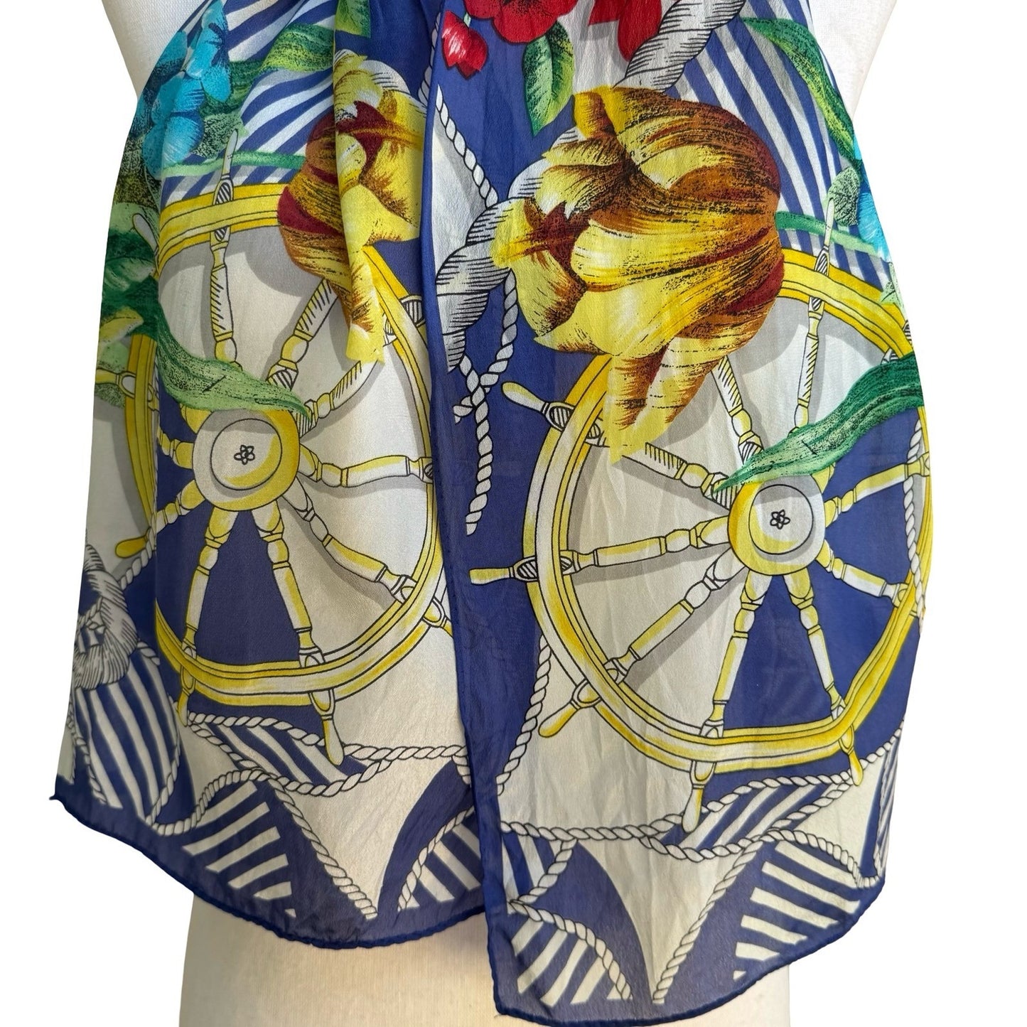 Worthington Silk Hand Stitch Nautical Floral Scarf Coastal Sheer Rectangle Scarf