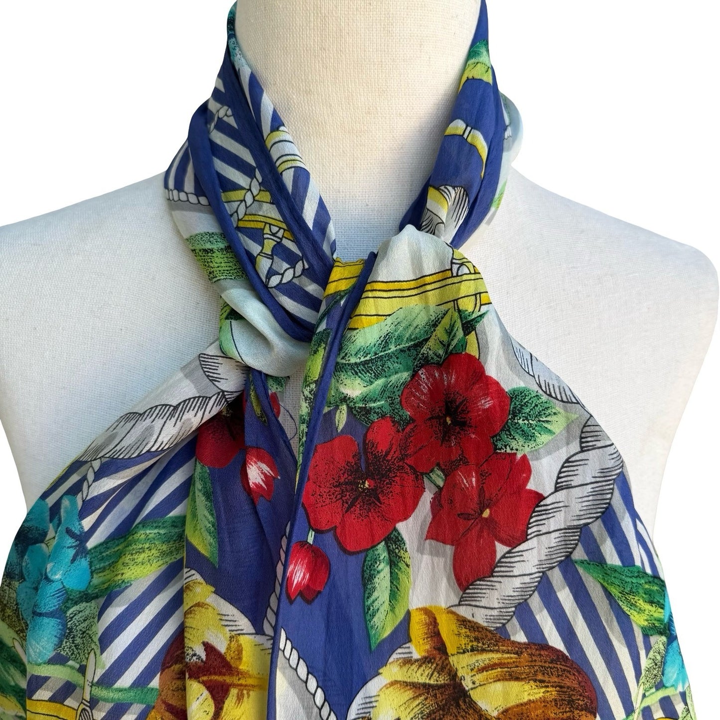 Worthington Silk Hand Stitch Nautical Floral Scarf Coastal Sheer Rectangle Scarf