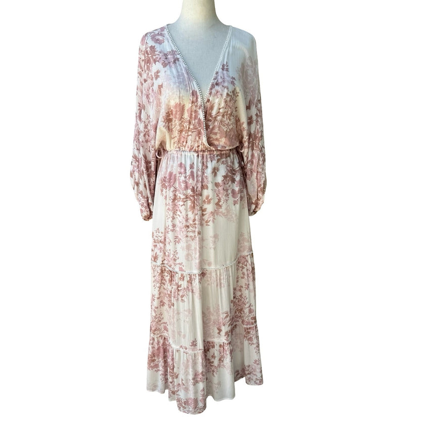 Lovestitch Boho Coastal Cottagecore Flowy Pastel Pink Floral Tiered Maxi Dress L