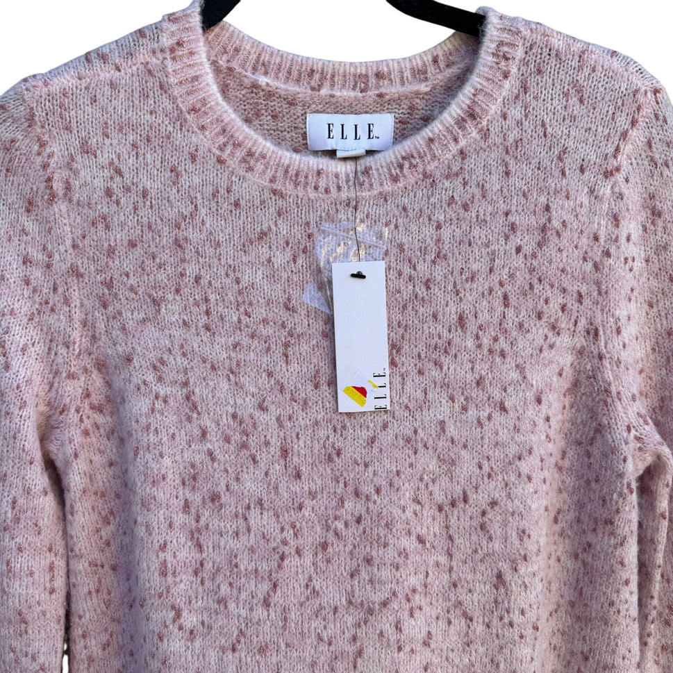 Elle Womens Speckled Pink Metallic Knit Long Sleeve Scalloped Hem Sweater New S