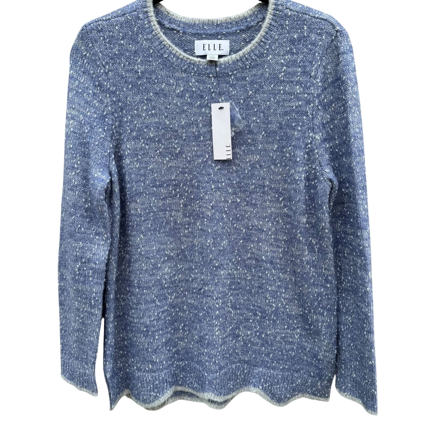 Elle Womens M Blue Speckled Metallic Knit Sweater Scalloped Hem Cozy Winter New