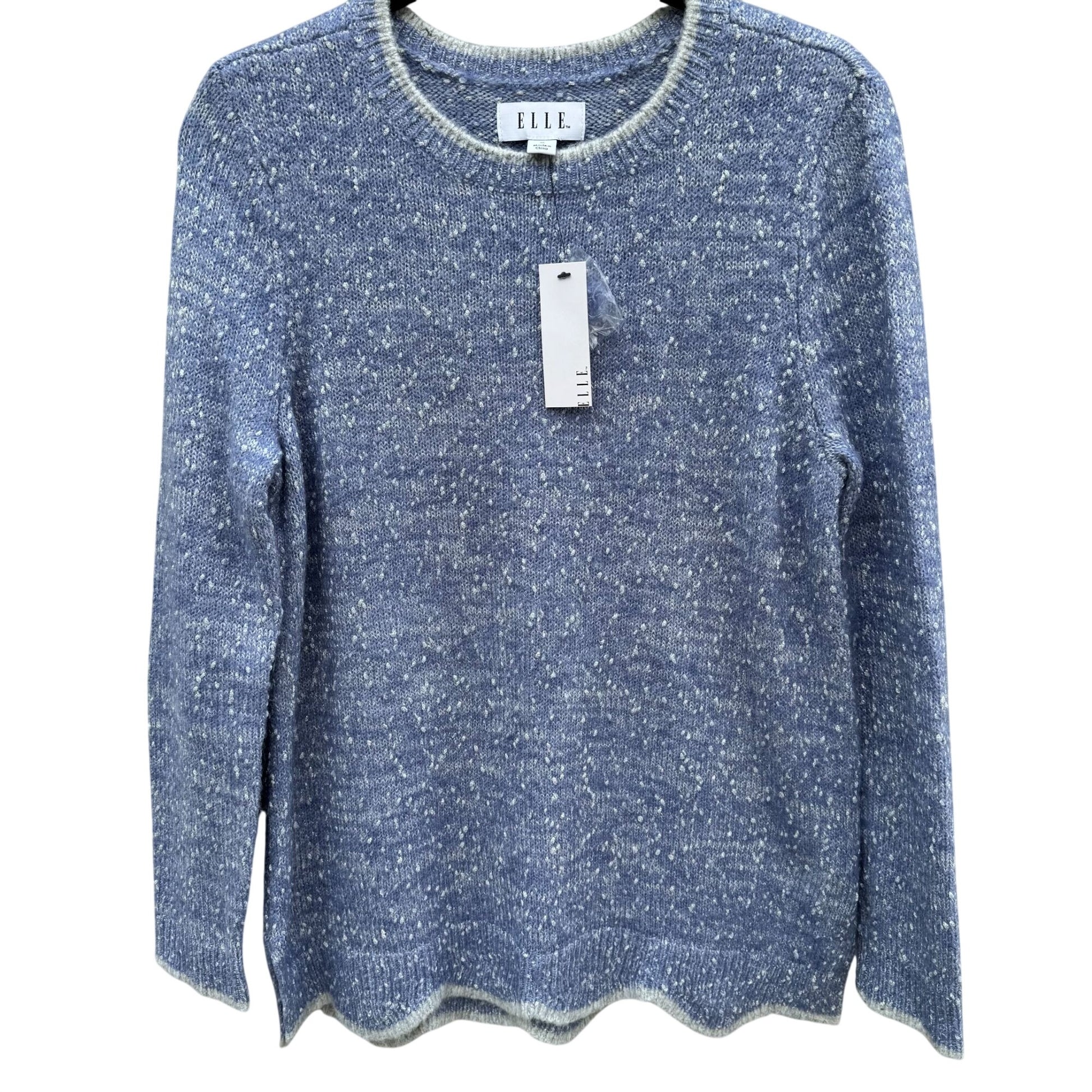 Elle Womens M Blue Speckled Metallic Knit Sweater Scalloped Hem Cozy Winter New
